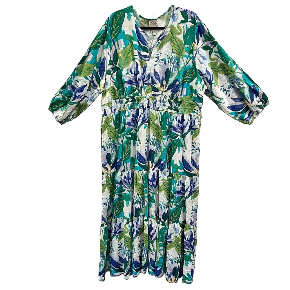 NWT St Johns Bay Floral Linen Blend Maxi Dress 2xBlue Green Tropical Spring Boho